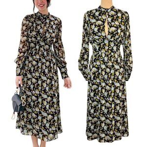 Zara Floral Chiffon Midi Dress Sz.S Keyhole Puff Sleeve Cocktail Career Fairy